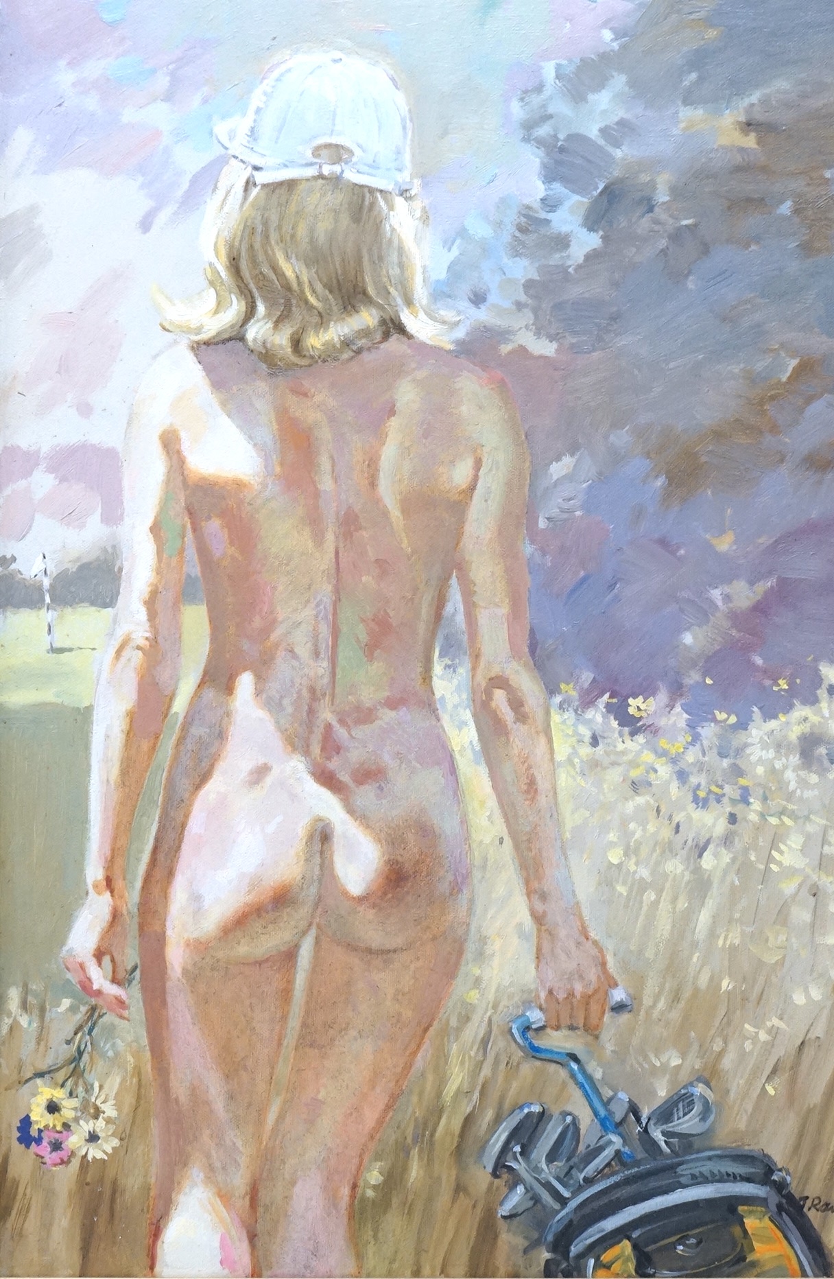 J. Row, oil on canvas, Nude golfer, signed, 60 x 39cm
